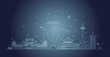 Kyoto simgelerinin düz simgeleri kümesi ve kültür vektör illüstrasyonunu içerir