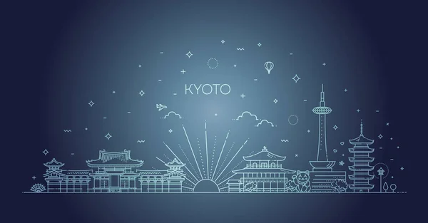 Conjunto de iconos planos de los puntos de referencia de Kioto y características de la cultura ilustración vectorial — Vector de stock