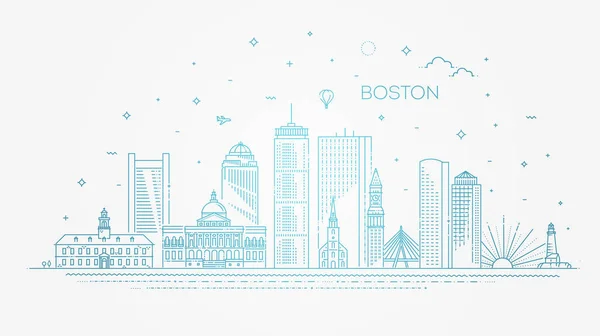 Bostonská architektonická linie panorama ilustrace. Lineární vektorová městská krajina se známými orientačními body — Stockový vektor