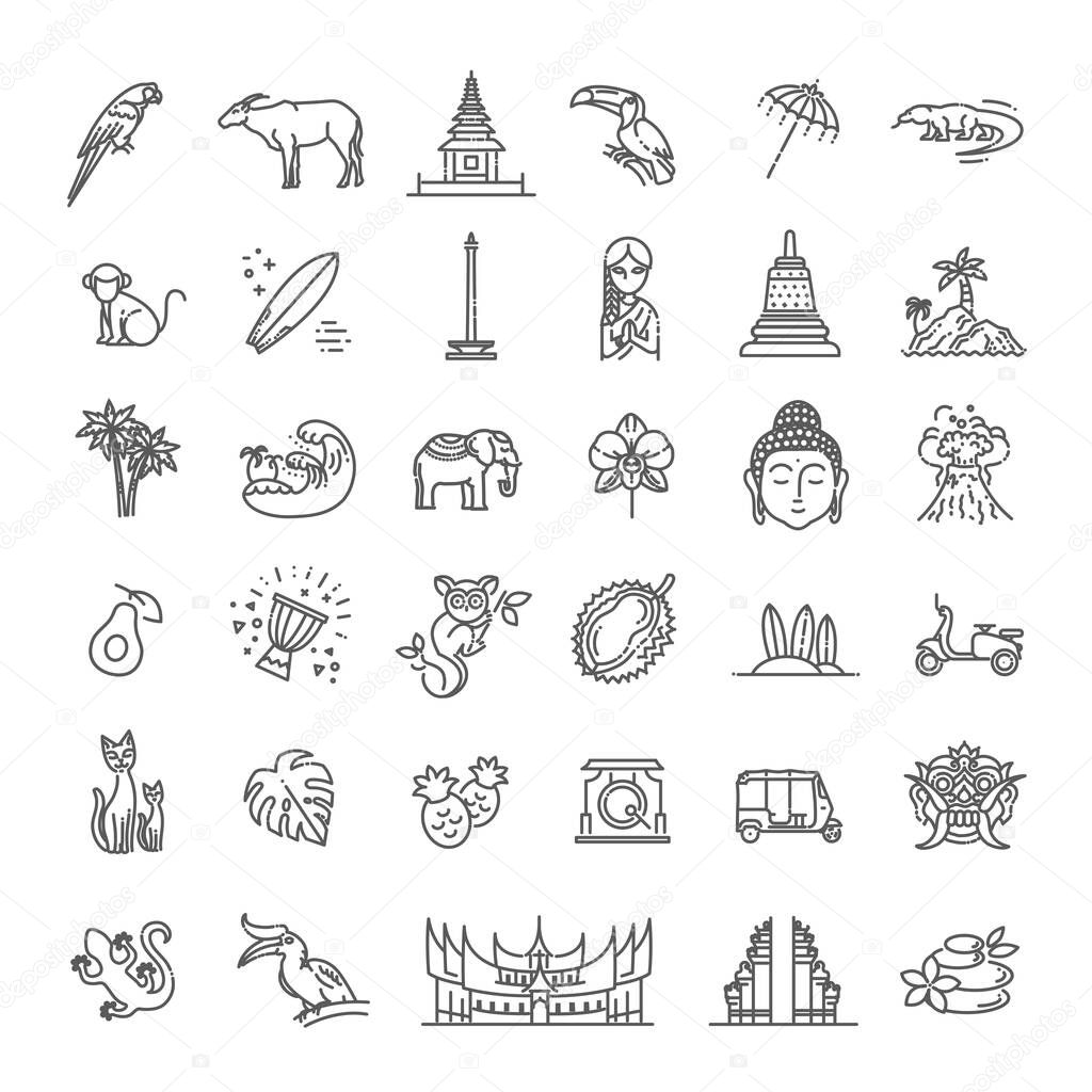 Indonesia icons set. Attractions, line design. Tourism in Indonesia, isolated vector illustration. Traditional symbols