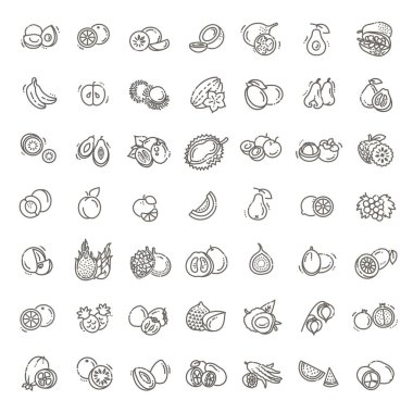 Meyveler, egzotik meyveler, vejetaryen - düz simge seti