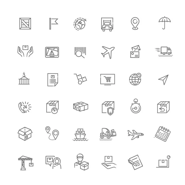 Conjunto de entrega de paquetes relacionados Iconos de línea vectorial. Contiene iconos tales como almacén, envío mundial — Archivo Imágenes Vectoriales