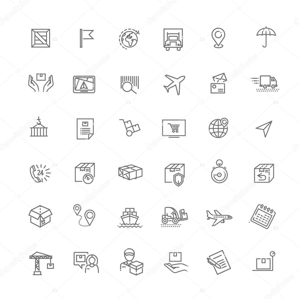 Set of Package Delivery Related Vector Line Icons. Contains such Icons as Warehouse, Worldwide Shipping