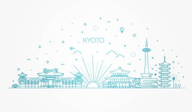Kyoto simgelerinin düz simgeleri kümesi ve kültür vektör illüstrasyonunu içerir
