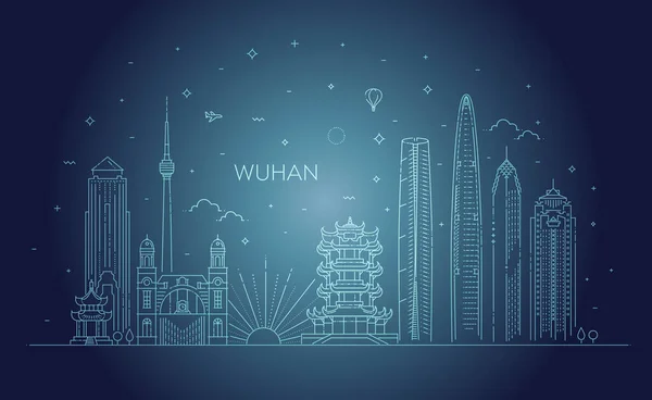 Esboço Wuhan China City Skyline. Ilustração vetorial —  Vetores de Stock