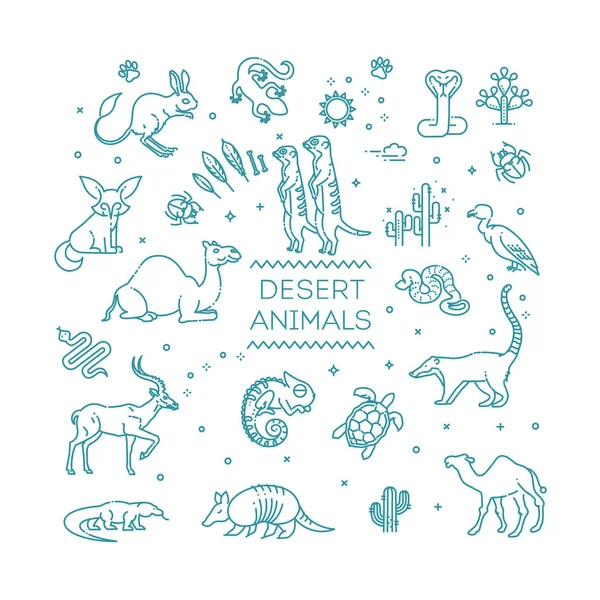 Linje djur liv koncept med olika öken djur. Vektor illustration — Stock vektor
