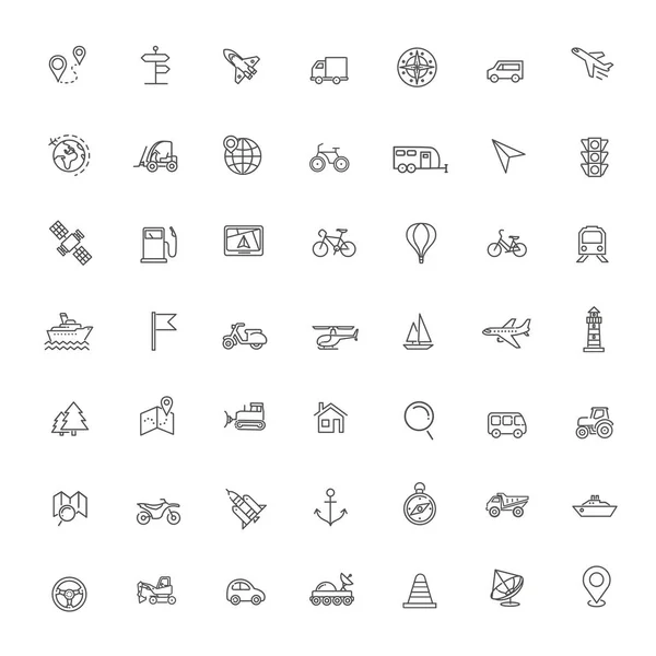 Vector line icons set - navigation, location and transportation — Stock Vector