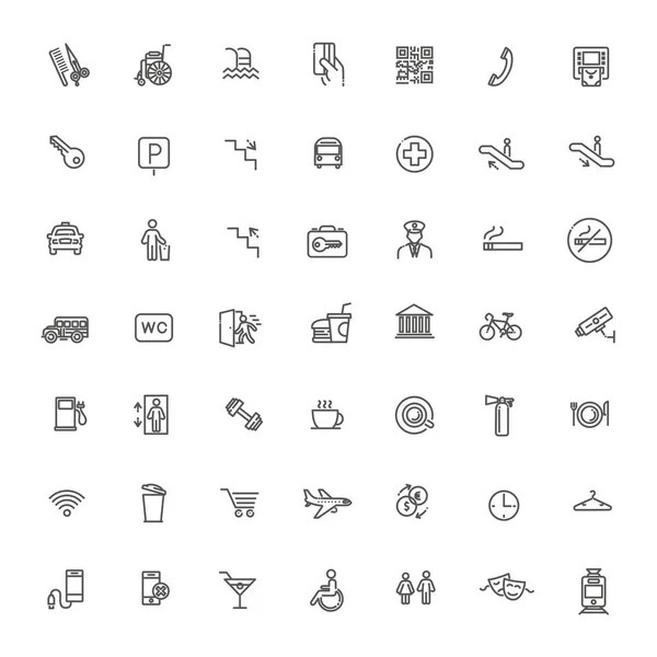 Iconos vectoriales de navegación de lugar público. Contiene iconos como guardarropa, ascensor, salida, taxi, cajero automático y más — Archivo Imágenes Vectoriales