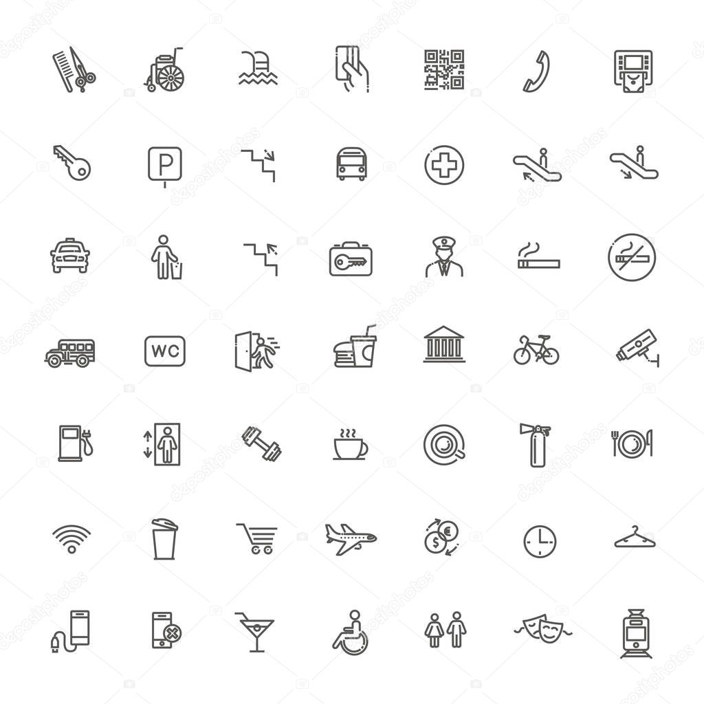 Public place navigation vector icons. Contains such Icons as Cloakroom, Elevator, Exit, Taxi, ATM and more