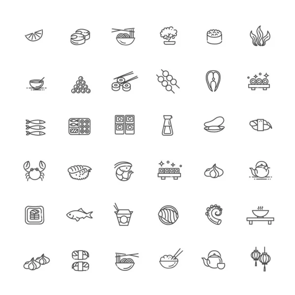 Sushi, mariscos esbozan símbolos. Ilustración vectorial — Archivo Imágenes Vectoriales