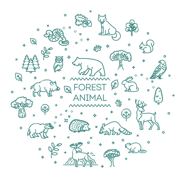 Línea Bosque Concepto Vida Silvestre Con Diferentes Animales — Vector de stock