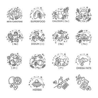 Özel mikro elementler içeren sağlıklı meyve, sebze, et, balık ve süt ürünleri grupları