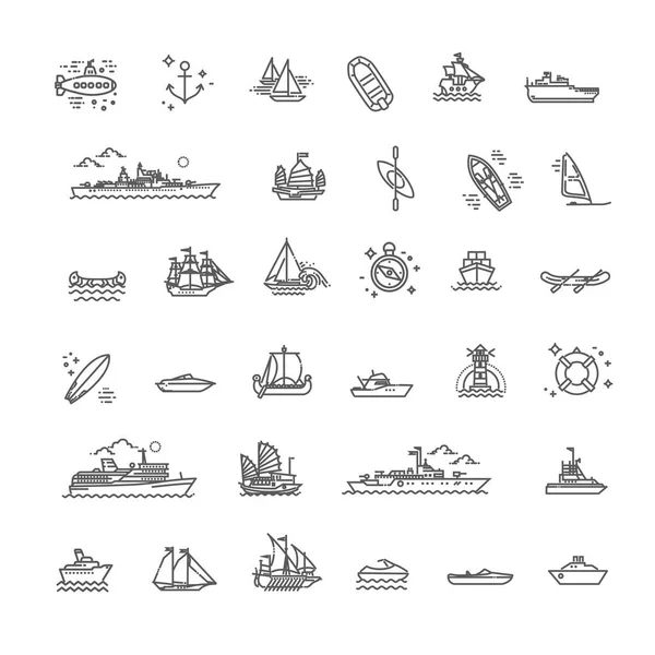 Ships - set of modern vector plain line design icons and pictograms — Stock Vector