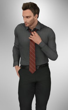 Kırmızı kravat ile takım elbiseli genç profesyonel milyarder adam 3d render