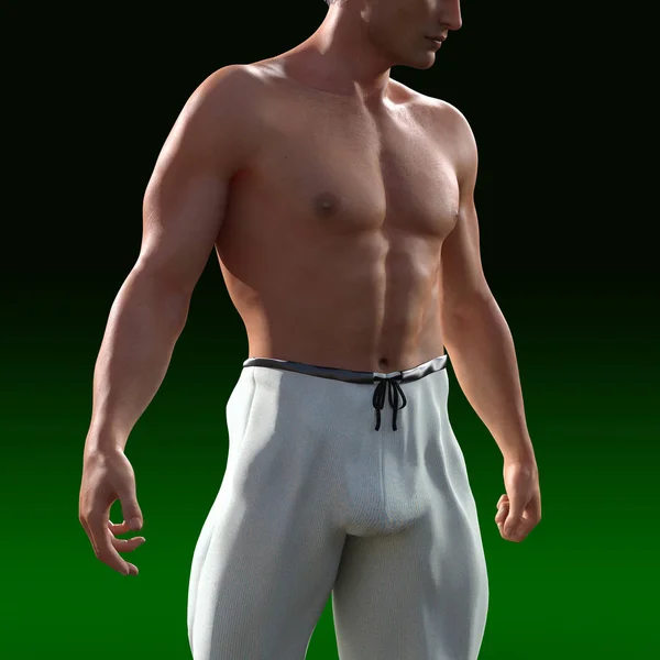 Uomo atletico in pantaloni bianchi mostrando petto nudo pronto a giocare rendering 3d — Foto Stock