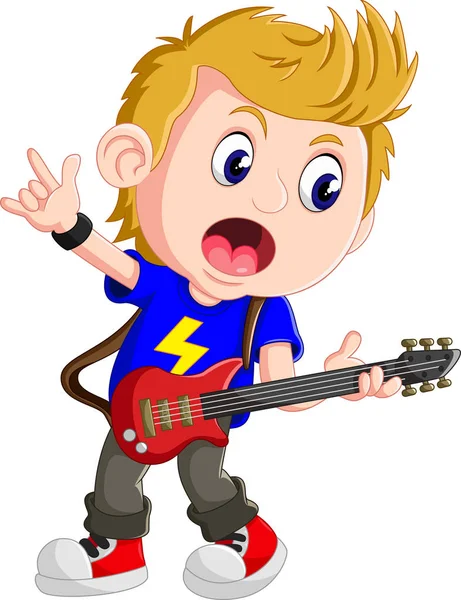 Dibujos animados cantando felizmente mientras sostiene una guitarra — Vector de stock