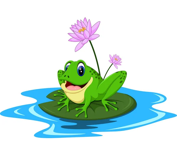 坐在一片叶子上的有趣的绿色青蛙卡通 — 图库矢量图片