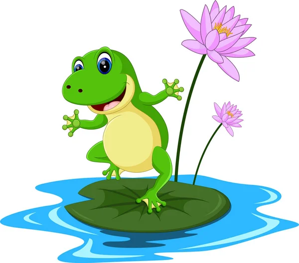 Kreslené vtipné zelená žába sedí na list — Stockový vektor