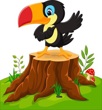 Karikatür mutlu toucan üzerinde ağaç kütüğü