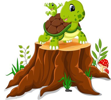 Ağaç kütüğü üzerinde poz karikatür kaplumbağa