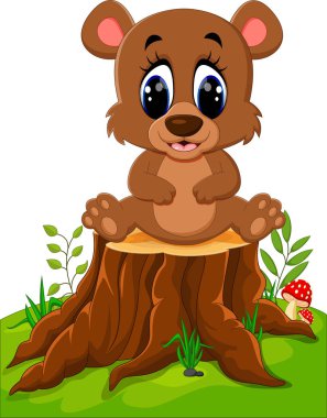 Ağaç kütüğü üzerinde oturan karikatür ayı