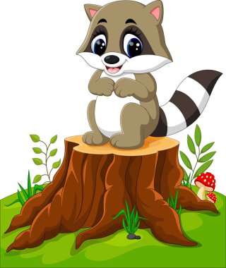 Çizgi film racoon ağaç kütüğü üzerinde poz
