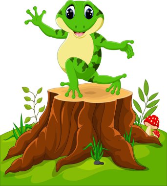 Ağaç kütüğü üzerinde oturan karikatür komik kurbağa