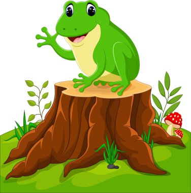 Ağaç kütüğü üzerinde oturan karikatür komik kurbağa