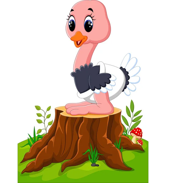 Dibujos animados avestruz feliz sentado en el tocón del árbol — Vector de stock