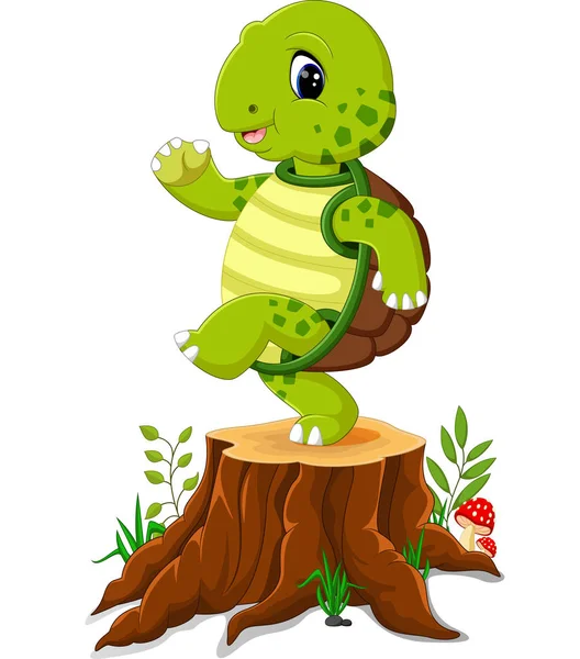 Cartoon turtle posing on tree stump — Stock Vector