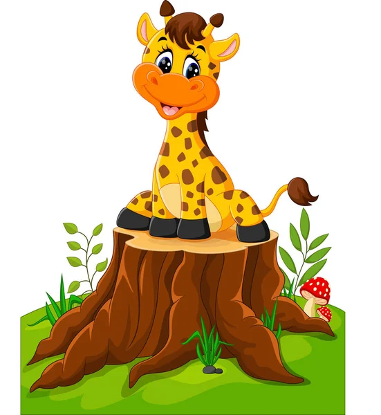 Schattige baby giraffe zittend op boomstronk — Stockvector