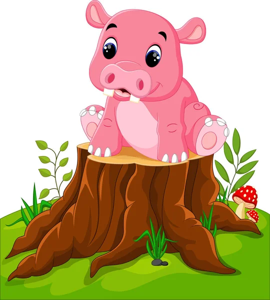 Dessin animé mignon bébé hippopotame sur souche d'arbre — Image vectorielle