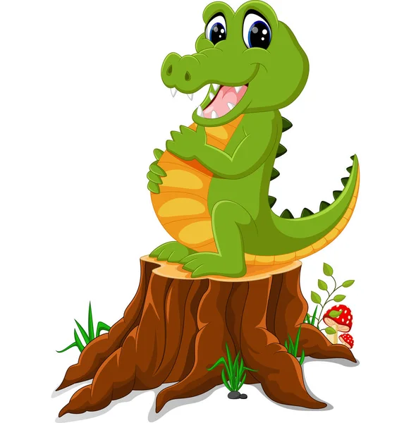 Карикатурный крокодил позирует на пне дерева — стоковый вектор