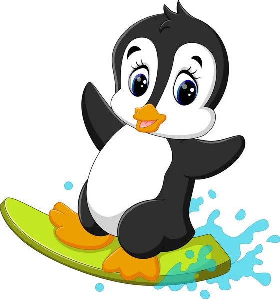 Иллюстрация милого мультфильма о серфинге пингвинов — стоковый вектор