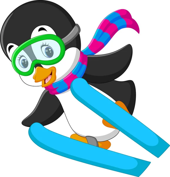 Ilustração de bonito pinguim esqui desenho animado — Vetor de Stock