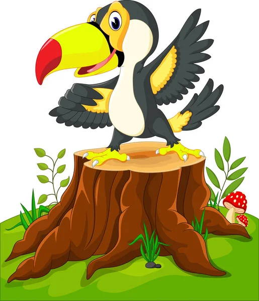 Dibujos animados feliz tucán en tocón de árbol — Vector de stock