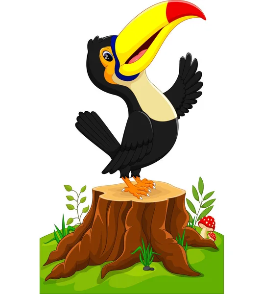 Dessin animé heureux toucan sur souche d'arbre — Image vectorielle
