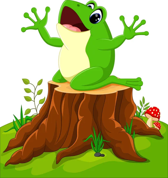 Dessin animé drôle grenouille assis sur tronc d'arbre — Image vectorielle