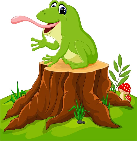 Kreslený Legrační žába sedící na pařezu — Stockový vektor