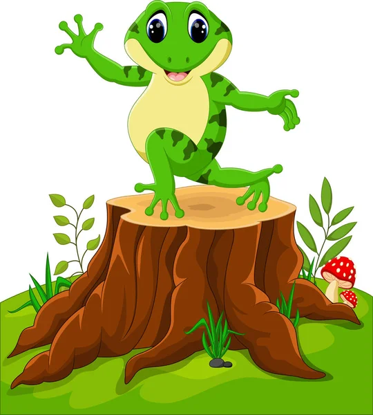 Kreskówka śmieszne żaba siedzi na pniu drzewa — Wektor stockowy