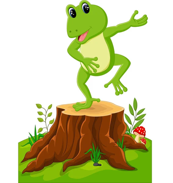 Dibujos animados rana divertida sentado en tocón de árbol — Vector de stock