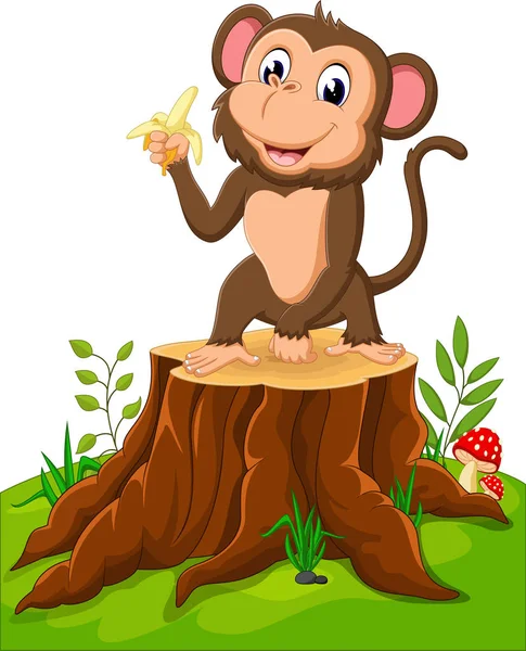Γελοιογραφία εκμετάλλευση μπανάνα κούτσουρο δέντρο αστεία μαϊμού — Διανυσματικό Αρχείο