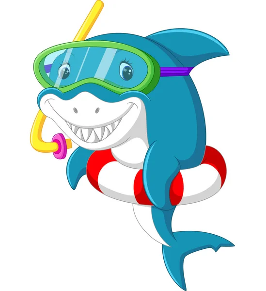 Şişme yüzük ile şirin köpekbalığı karikatür — Stok Vektör