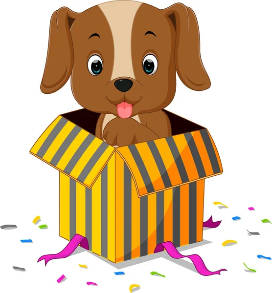 Dibujos animados de perro que sale de la caja de regalo — Archivo Imágenes Vectoriales