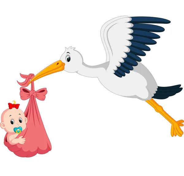 Cegonha com desenho animado do bebê — Vetor de Stock