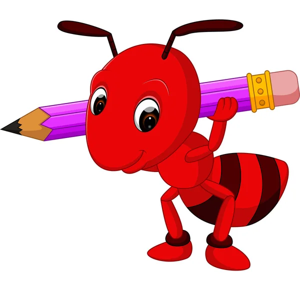 Desenhos animados vermelho formiga segurando lápis —  Vetores de Stock