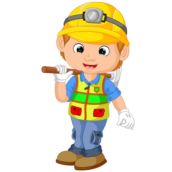 Caricatura Trabajador de la construcción reparador con pico — Vector de stock