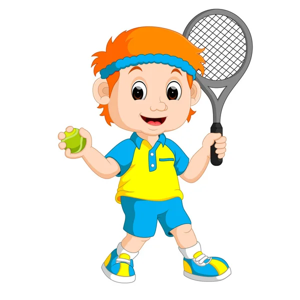 Ilustración de un niño jugando al tenis de césped — Vector de stock