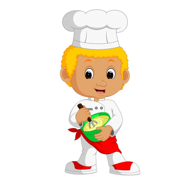 Funny cartoon chef boy making cake — Stock Vector