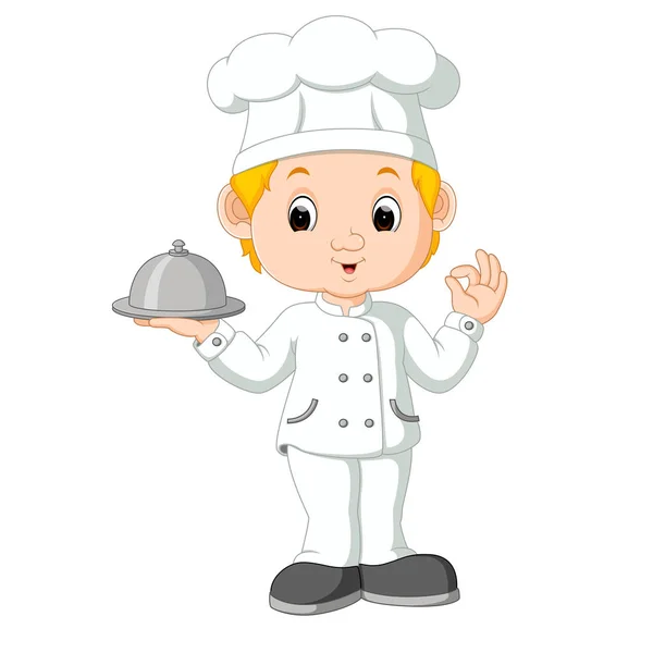 Kreslený Legrační šéfkuchař drží stříbrném podnose — Stockový vektor